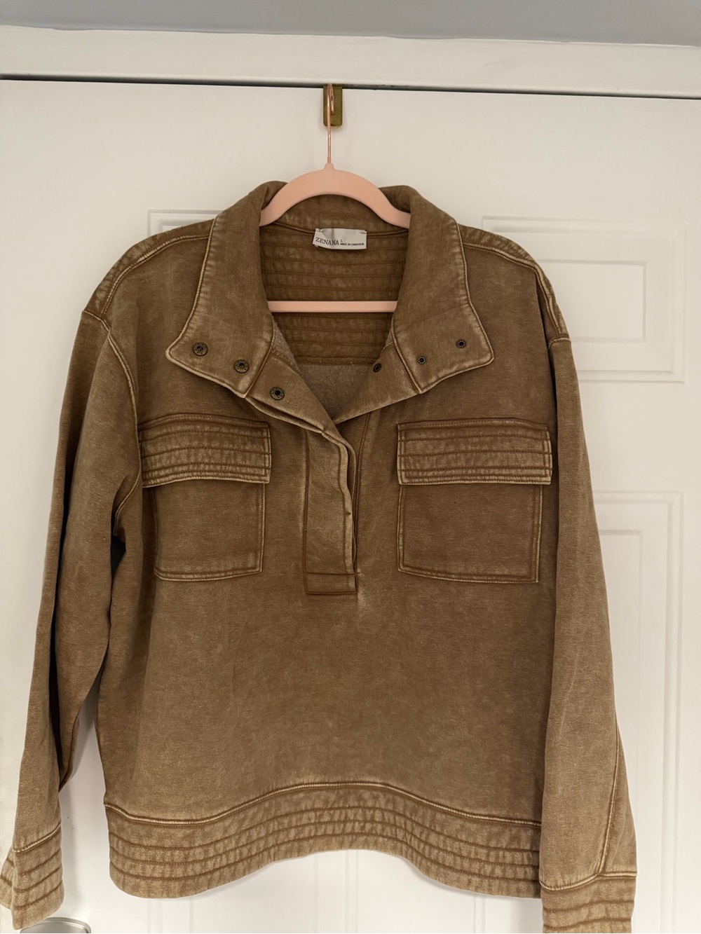 Women's Washed Brown Utility Pullover Jacket - Oversized Comfort